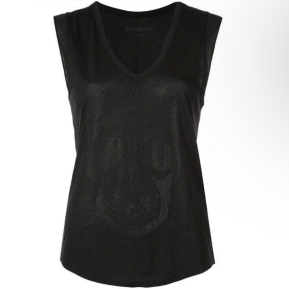 ZADIG & VOLTAIRE Brooklyn Strass Tee Black Silver Embellished Skull Graphic S/M